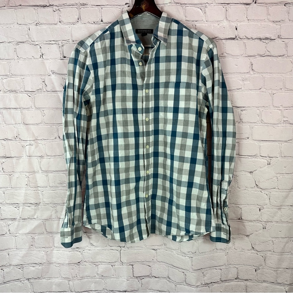 Banana Republic tailored slim fit mens L Plaid cotton button up Shirt preppy